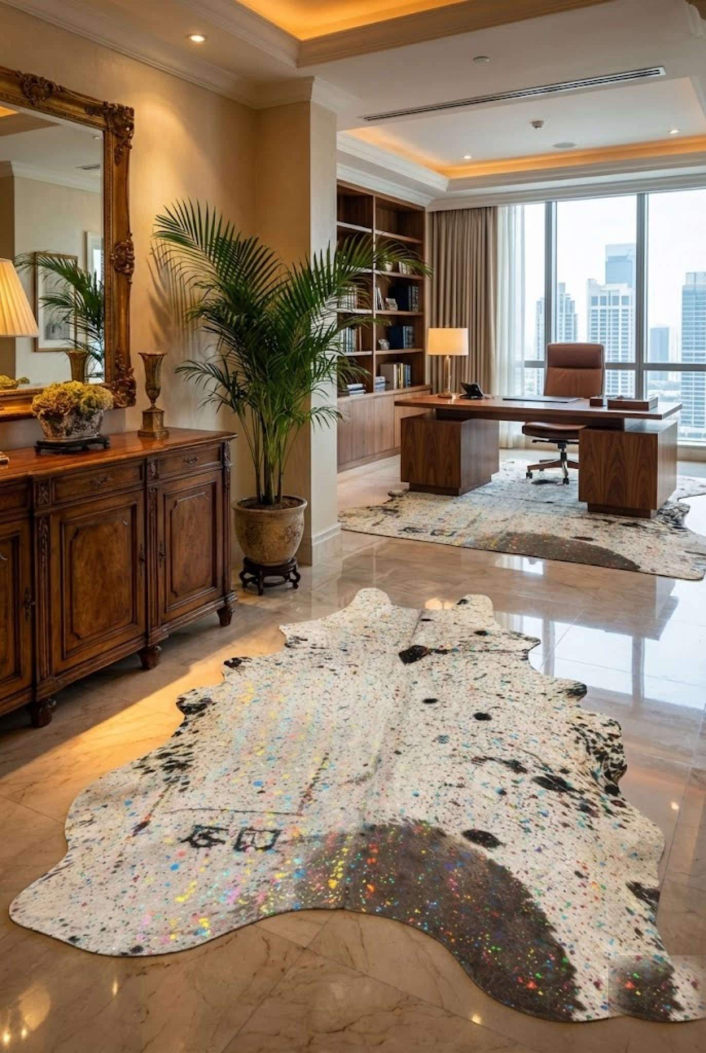 Grey cowhide rug styling