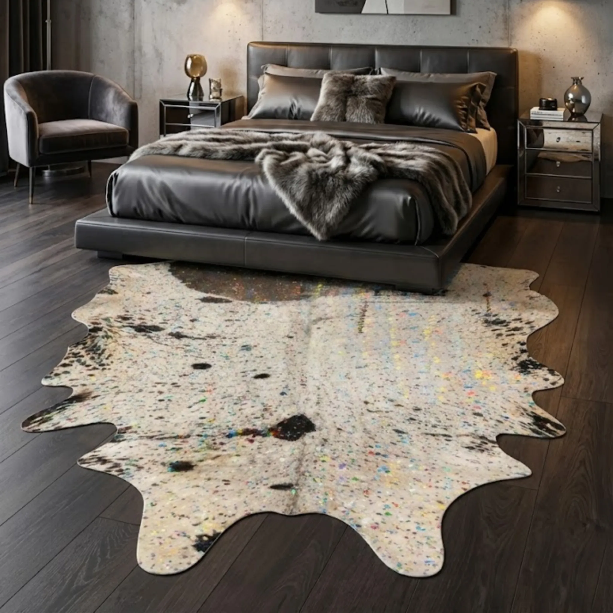 Grey cowhide rug styling